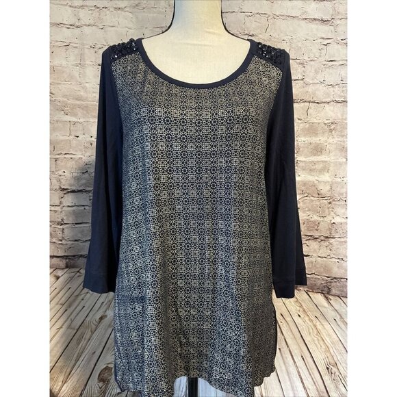 Chico's Womens‎ Emma Embellished Top Black Knit  Print 3/4 Sleeve Sz 1 Small - Picture 1 of 5